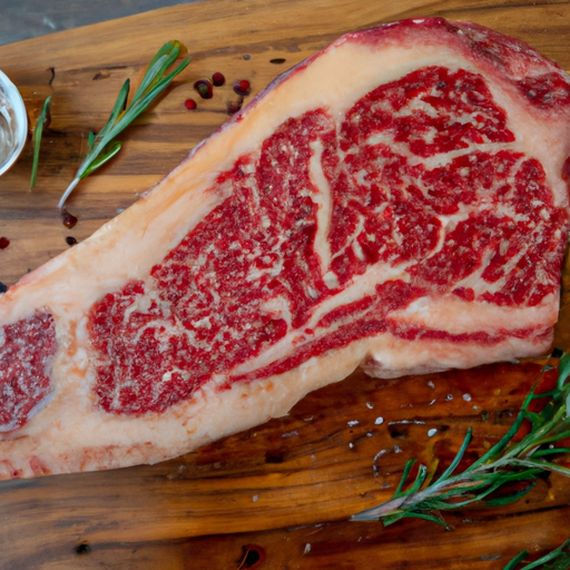 A raw ribeye steak seasoned with salt, pepper, and herbs