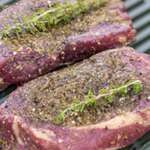 Steak seasoned with salt, pepper, and herbs ready for grilling